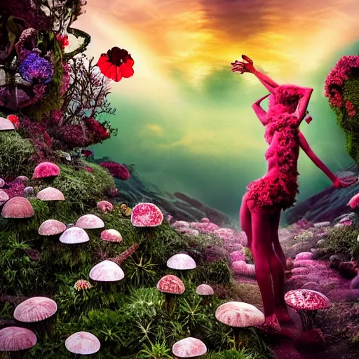 Image similar to A picture of a planet of various flowers, fungus and plants, in which the human figure is dressed in something magical and impressive, inside the picture is infinity, sunset light, Atmospheric phenomenon, artistic photography, muted colors, conceptual