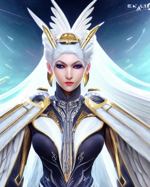 Image similar to perfect white haired egyptian goddess wearing white dove wings, warframe armor, regal, attractive, ornate, beautiful, dreamy, half asian, pretty face, blue eyes, detailed, scifi platform, 4 k, ultra realistic, epic lighting, android body, illuminated, cinematic, masterpiece, art by akihito tsukushi, voidstar, artgerm
