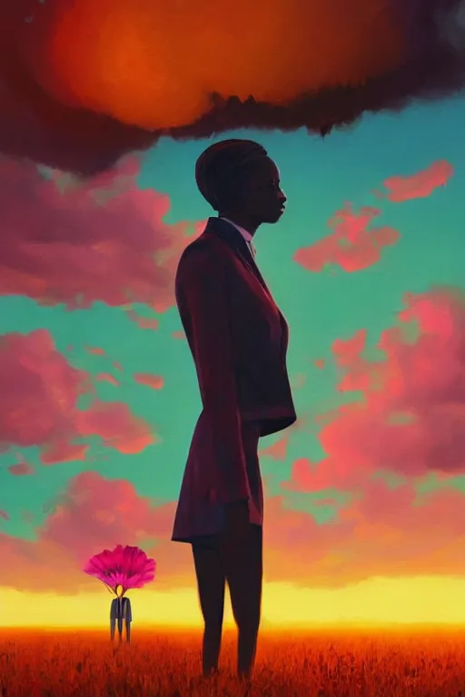 Image similar to closeup, giant flower as head, black woman in suit, surreal photography, golden hour, colorful clouds, impressionist painting, digital painting, artstation, simon stalenhag