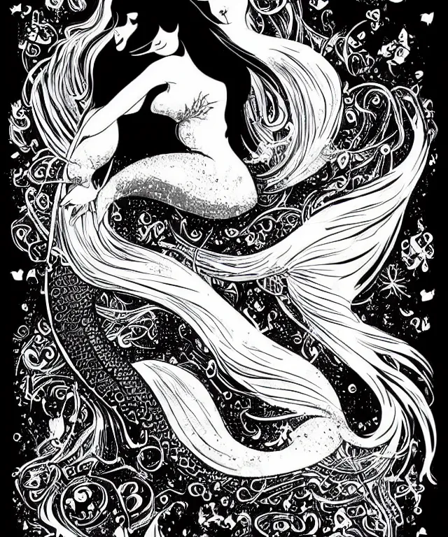 Image similar to black and white illustration, creative design, beautiful mermaid, full body, swimming in ocean