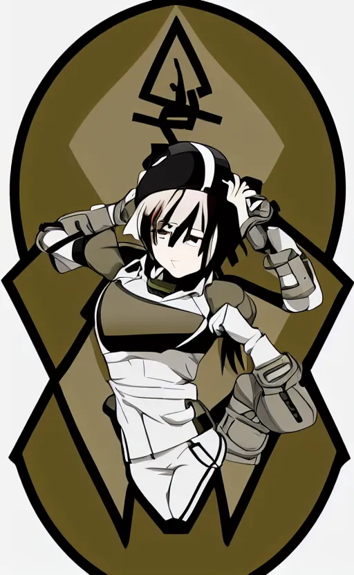 Prompt: shoulder patch design, soldier girl, anime style, clean logo design, military insignia, no text, soldier clothing, realistic military gear, 70mm, inspired by shirt producer, made in photoshop, no background, vector line art, by professional designer, smooth, realistic anatomy, meme culture, highly detailed, high resolution, for printing