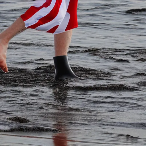 Image similar to Donald Trump at the beach, dipping his toes into the ocean.