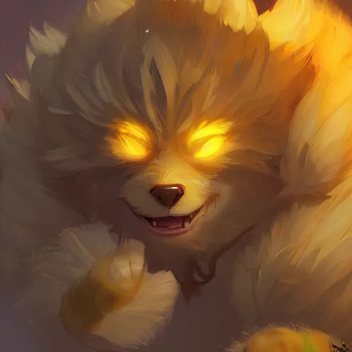 Prompt: a super cute glowing fluffy beast, yellow theme, bright art masterpiece artstation. 8 k, sharp high quality artwork in style of jose daniel cabrera pena and greg rutkowski, concept art by tooth wu, blizzard warcraft artwork, hearthstone card game artwork, cute animal