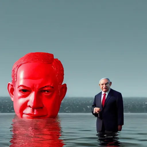 Prompt: a giant benjamin netanyahu sculpture made out of juicy red jelly on water surface, long shot, hyper detailed, hyper realistic, ray tracing, 8 k resolution, sharp focus, realistic water, award winning