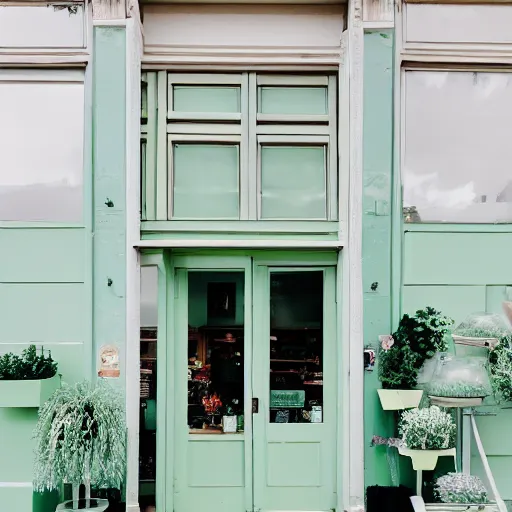 Image similar to A photo of a quaint flower shop storefront with a pastel green and clean white facade and open door and big window