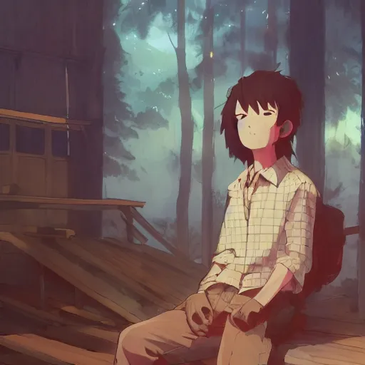 Image similar to ape wearing a flannel shirt, building in carpenter workshop, landscape illustration concept art anime key visual trending pixiv fanbox by wlop and greg rutkowski and makoto shinkai and studio ghibli and kyoto animation