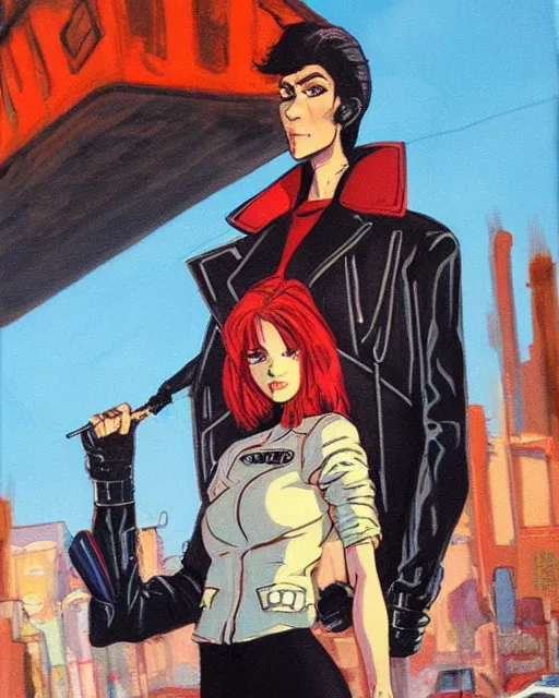 Image similar to young female protagonist in leather jacket, city street, artwork by ralph bakshi