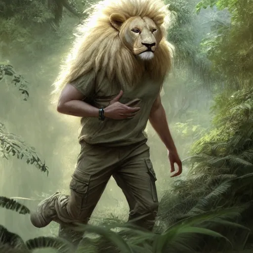 Image similar to commission portrait of a male anthro albino lion,wearing cargo pants and a boack t-shirt,going through a jungle cautiously.dramatic,character design by charles bowater,greg rutkowski,ross tran,hyperdetailed,hyperrealistic,4k,deviantart,artstation,professional photography,concept art