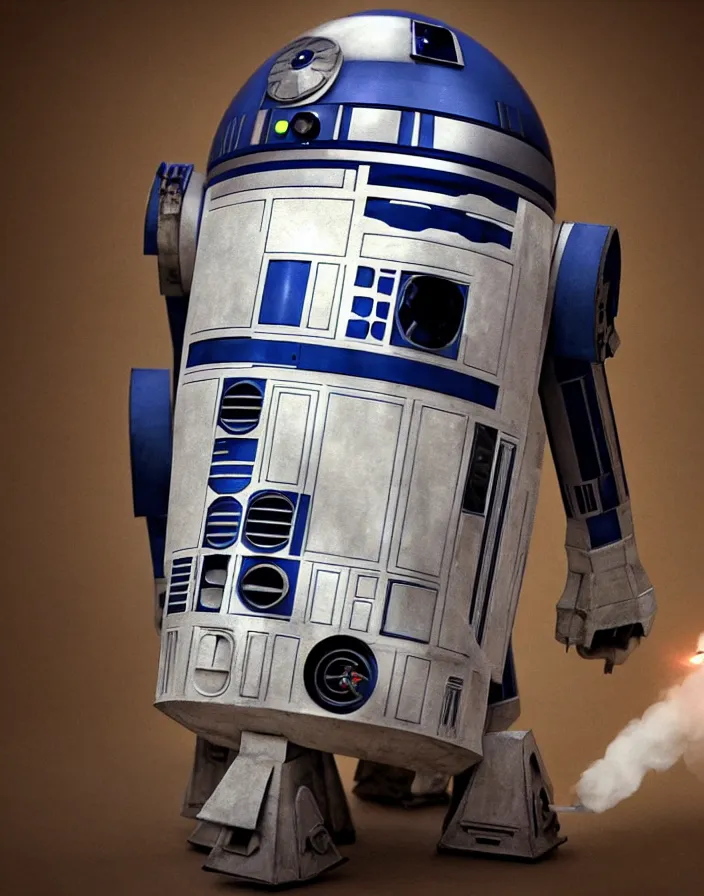 Prompt: r 2 d 2 smoking a blunt, photography, photoreal, starwars