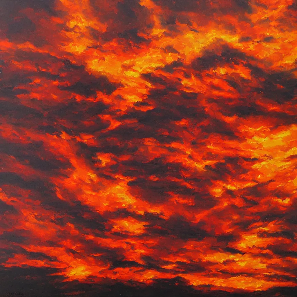 Prompt: sky on fire, highly detailed oil on canvas, by Arkhip Kuinji