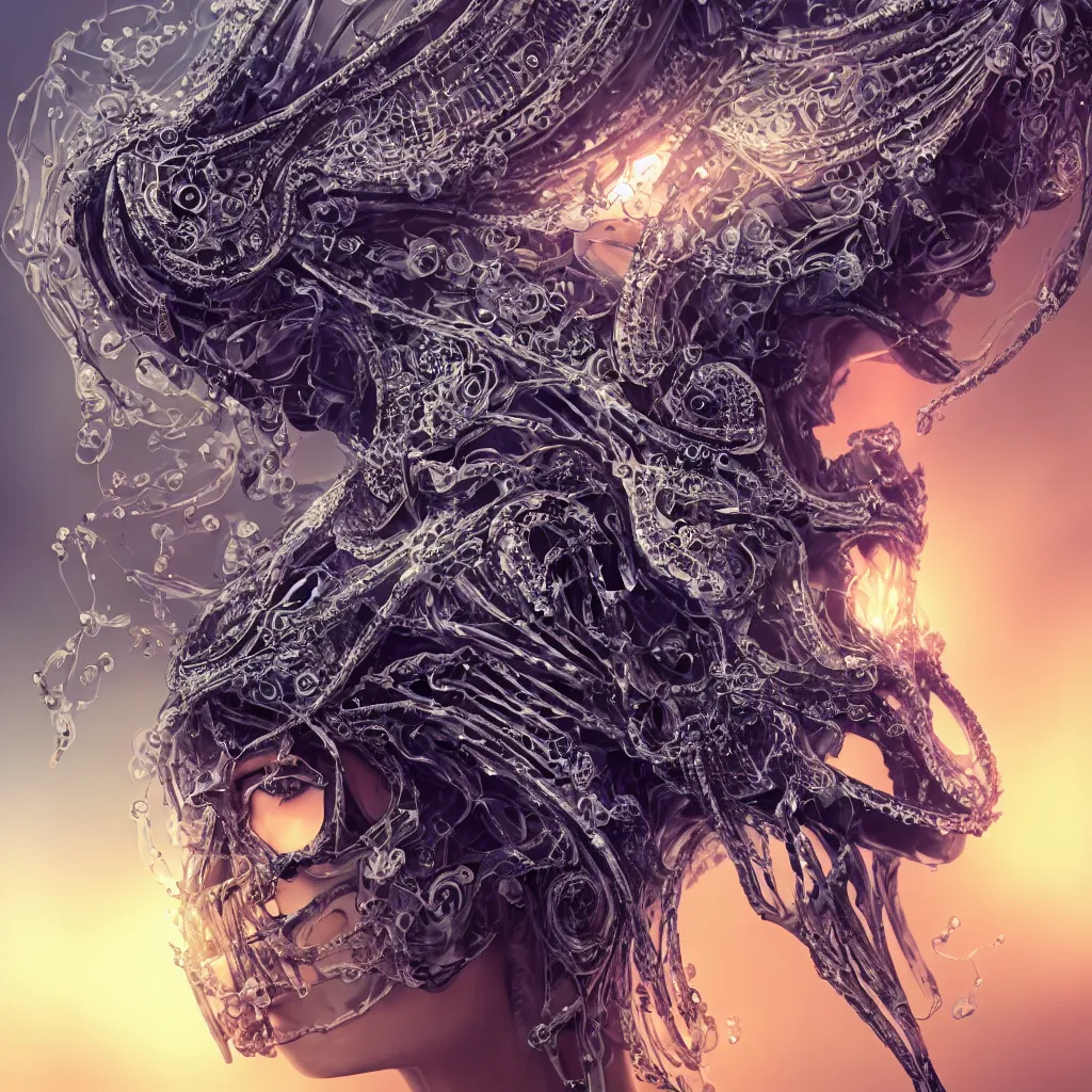 Image similar to close-up macro portrait of the face of a beautiful princess with animal skull mask, epic angle and pose, ribcage bones symmetrical artwork, 3d with depth of field, blurred background, cybernetic jellyfish female face skull phoenix bird, translucent, nautilus, energy flows of water and fire. a highly detailed epic cinematic concept art CG render. made in Maya, Blender and Photoshop, octane render, excellent composition, cinematic dystopian brutalist atmosphere, dynamic dramatic cinematic lighting, aesthetic, very inspirational, arthouse. y Greg Rutkowski, Ilya Kuvshinov, WLOP, Stanley Artgerm Lau, Ruan Jia and Fenghua Zhong