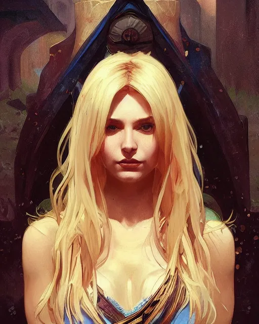 Image similar to '' Portrait of Beautiful blonde Slavic woman in her early 30’s, league of legends, LOL, fantasy, d&d, digital painting, artstation, concept art, sharp focus, illustration, art by greg rutkowski and alphonse mucha ''