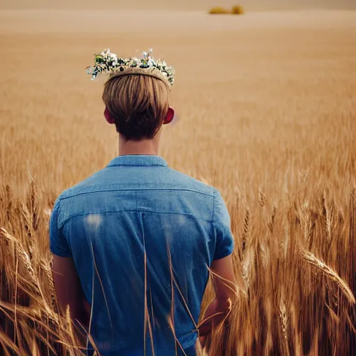 Image similar to kodak portra 4 0 0 photograph of a skinny blonde guy standing in a field of wheat, flower crown, back view, golden ratio, light leak, grain, moody lighting, telephoto, 9 0 s vibe, blurry background, vaporwave colors!, faded!,