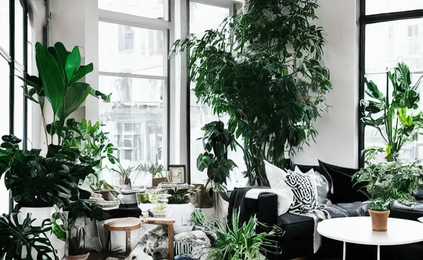 Image similar to interior of a bohemian living room, black and white, green potted plants, couch, diner table, cupboards, modernist, minimalism, big windows with a view of lush trees, feng shui, 8 k