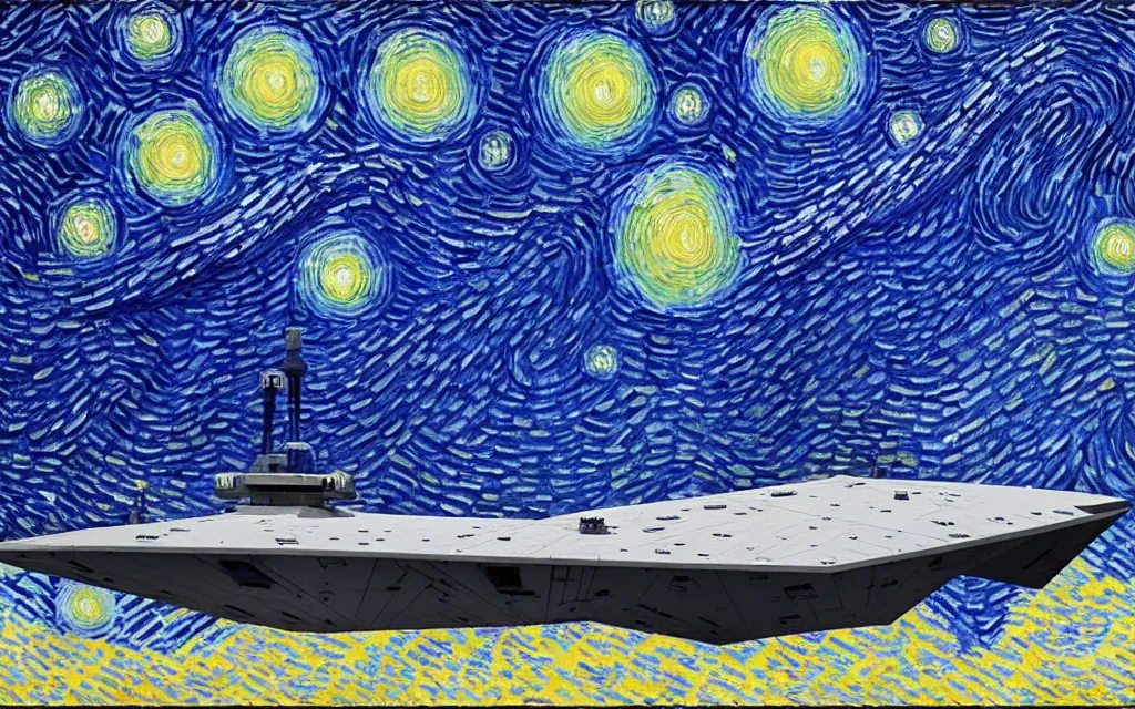 Prompt: star wars star destroyer from star wars flying between the stars inpainting in the starry night by van gogh