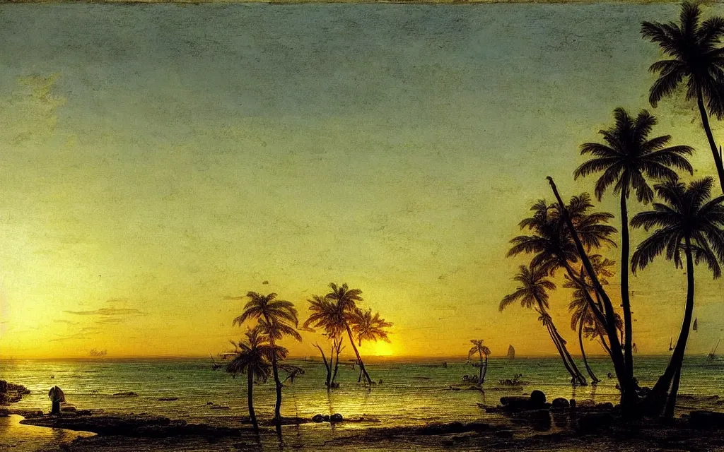 Prompt: a beautiful view of a tropical beach, clear seas, the sun is setting in the background, magical, stunning, art by caspar david friedrich and asher brown durand and peder balke, intricate details, trending on artstationhq