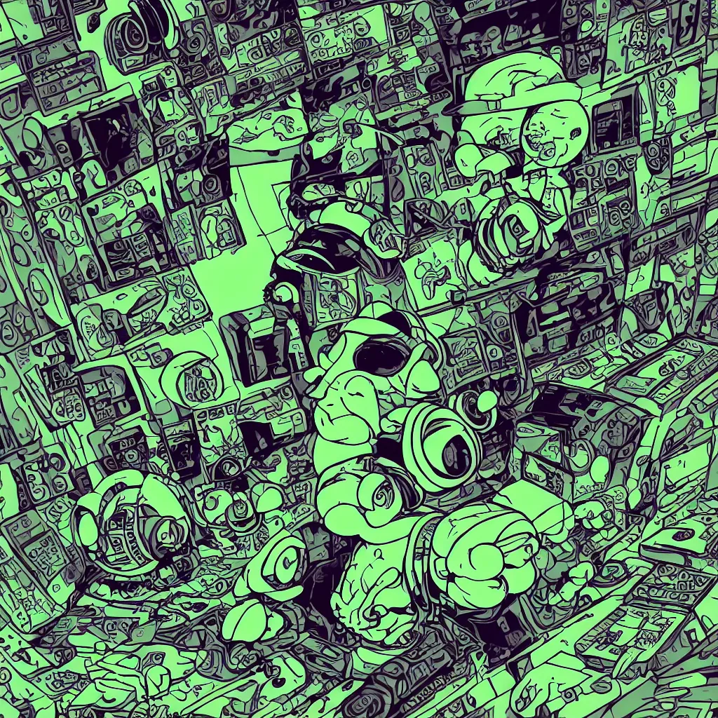 Image similar to a toad wearing headphones, ryuta ueda artwork, breakcore, style of jet set radio, y 2 k, gloom, space, cel - shaded art style, sacred geometry, data, minimal, code, cybernetic, dark, eerie, cyber