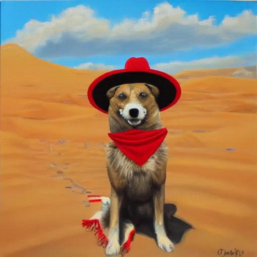 Prompt: Oil painting of a doge wearing a sombrero and a red neckerchief in the desert