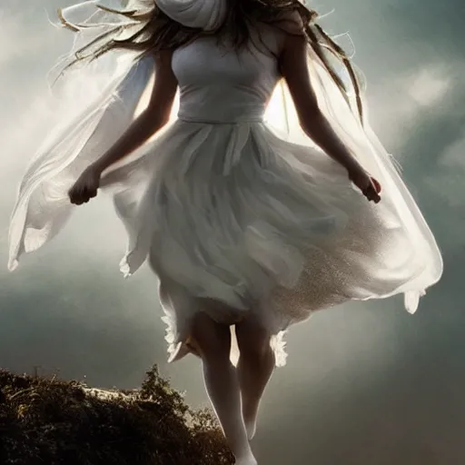 Prompt: white female dancing goat weared with white veils, matte painting, cinematic, epic composition, detailed, atmospheric, wide angle, artstation trending