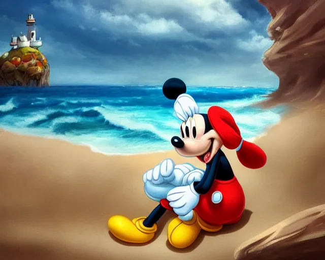 Image similar to Mickey mouse sitting next to terrifying sea creatures on a creepy beach, digital art, in the style of Vitaly Samarin Alexiu, super detailed, artstation