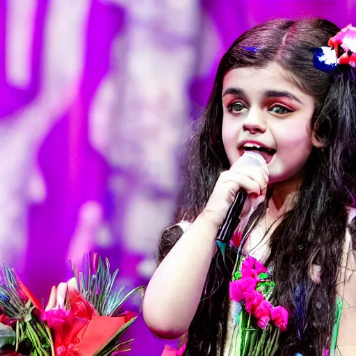 Image similar to Angelina Jordan singing on stage with a bouquet of flowers in her hair