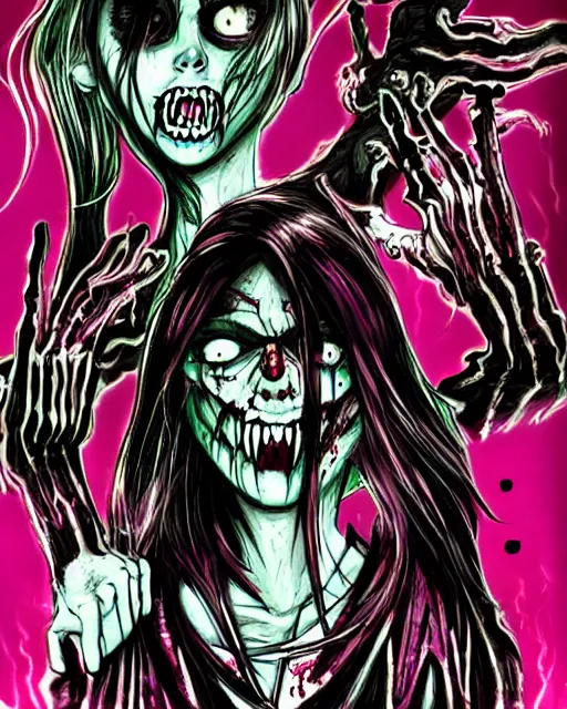 Image similar to horror acid colors, a dark picture comic featuring blood horror and goth anime girls, anime vampires, evil horror vibes