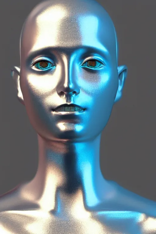 Image similar to 3d render of holographic human robotic bust made of glossy iridescent, bust, surrealistic 3d illustration of a human non-binary, non binary model, 3d model human, cryengine, made of holographic texture, holographic material, holographic rainbow, concept of cyborg and artificial intelligence