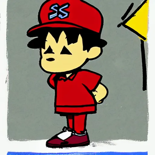 Prompt: ness from earthbound teaches a college course, basquiat style