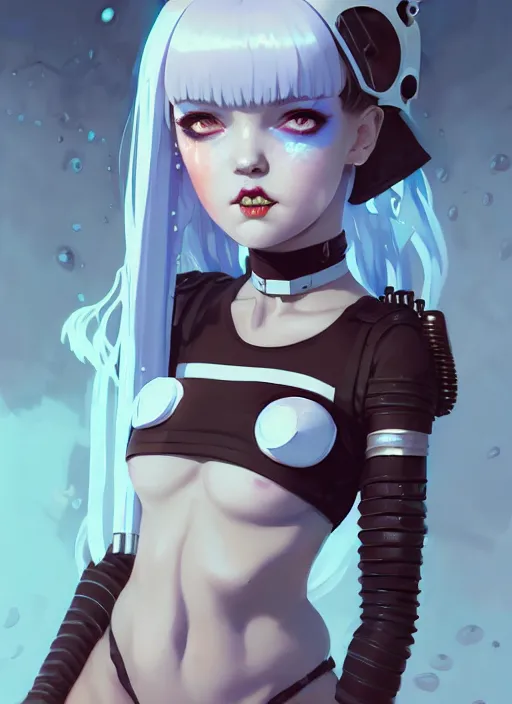 Prompt: portrait of cute goth maiden girl in cyber bikini armor, face by ilya kuvshinov, warhammer, cyberpunk, by atey ghailan, by greg rutkowski, by greg tocchini, by james gilleard, by joe fenton, by kaethe butcher, dynamic lighting, gradient light blue, brown, blonde cream and white color in scheme, grunge aesthetic