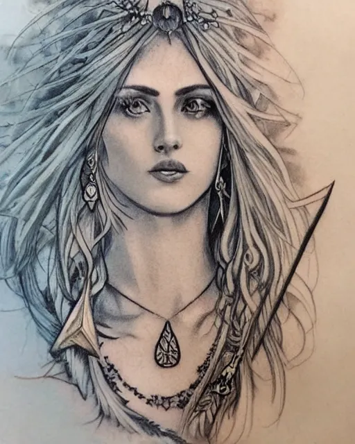 Image similar to tattoo sketch of beautiful greek goddess aphrodite with arrowhead earrings, beautiful feather jewelry, beautiful piercing eyes, flowing blonde hair, realistic face, hyper realistic, in the style of greg rutkowski, fantasy, amazing detail, epic, elegant, smooth, sharp focus, from the front