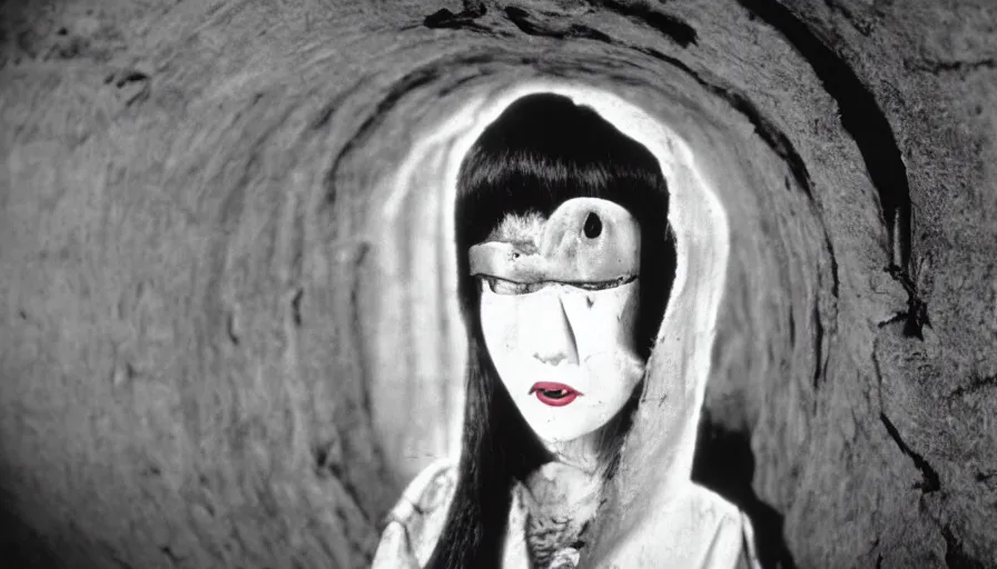 Image similar to 70s movie still close-up portrait of a white female japanese phantom with a taxidermic bloody jaws and esoteric dress in a liminal space style tunnel, early black and white 8mm, heavy grain, low quality,