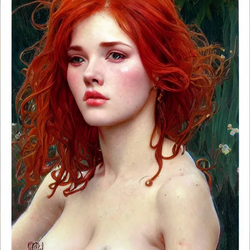 Image similar to highly detailed closeup portrait of beautiful woman with red hair, very detailed, realistic, card, by Stanley Artgerm Lau, greg rutkowski, thomas kindkade, alphonse mucha, loish, norman rockwell J.