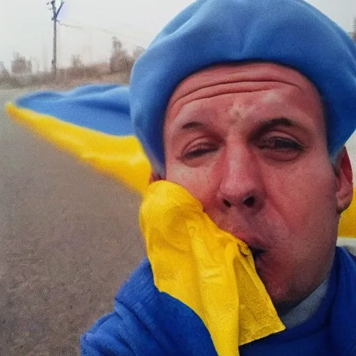 Prompt: a selfie of a ukrainian in yellow - blue rags against the backdrop of a nuclear explosion shoots himself in the head to die a less painful death