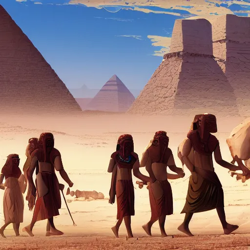 Prompt: highly detailed illustration of people in ancient canaanite clothing walking in the deserts of ancient egypt by makoto shinkai, by oliver vernon, by joseph moncada, by damon soule, by manabu ikeda, by kyle hotz, by dan mumford, by otomo, 4 k resolution