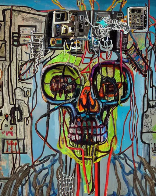 Image similar to oil neo expressionism painting of cyberpunk skull skeleton tethered to a bunch of wires and cords and chains wearing a vr oculus headset by basquiat