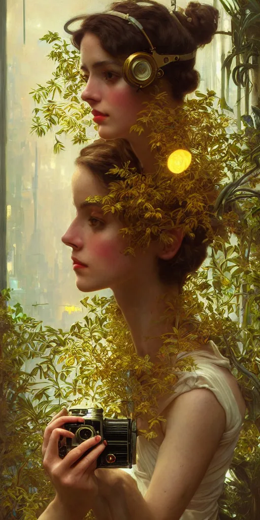 Image similar to hyper realistic photographer looking through a vintage medium format camera, design on white background, beautiful details, lush foliage cyberpunk, gold, drawn by john singer sargent, tom bagshaw, norman rockwell, alphonso mucha, lolish, trending on artstation