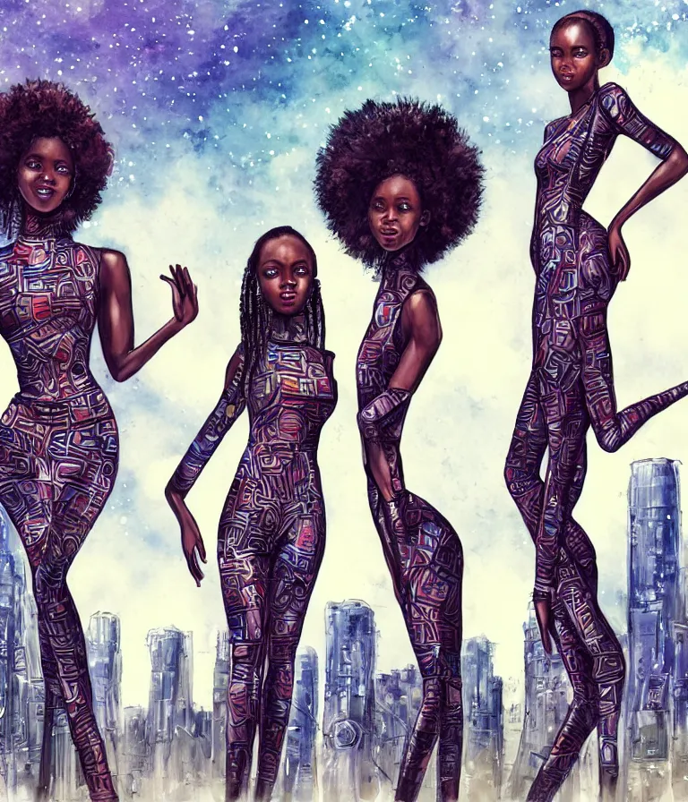 Image similar to a perfect, realistic professional digital sketch of african schoolgirls posing in a sci-fi afro futuristic cityscape, style of Marvel, full length, by pen and watercolor, by a professional American senior artist on ArtStation, a high-quality hollywood-style sketch, on high-quality paper