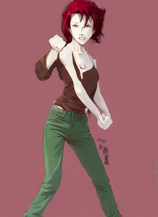 Prompt: full-body shot of an attractive tomboy girl in a fighting stance with long, crimson red hair and red eyes, wearing a brown, open jacket and green jeans with a stern look, midriff, concept art, character design, by WLOP, by Ross Draws, by Tomine, by Satoshi Kon, by Rolf Armstrong
