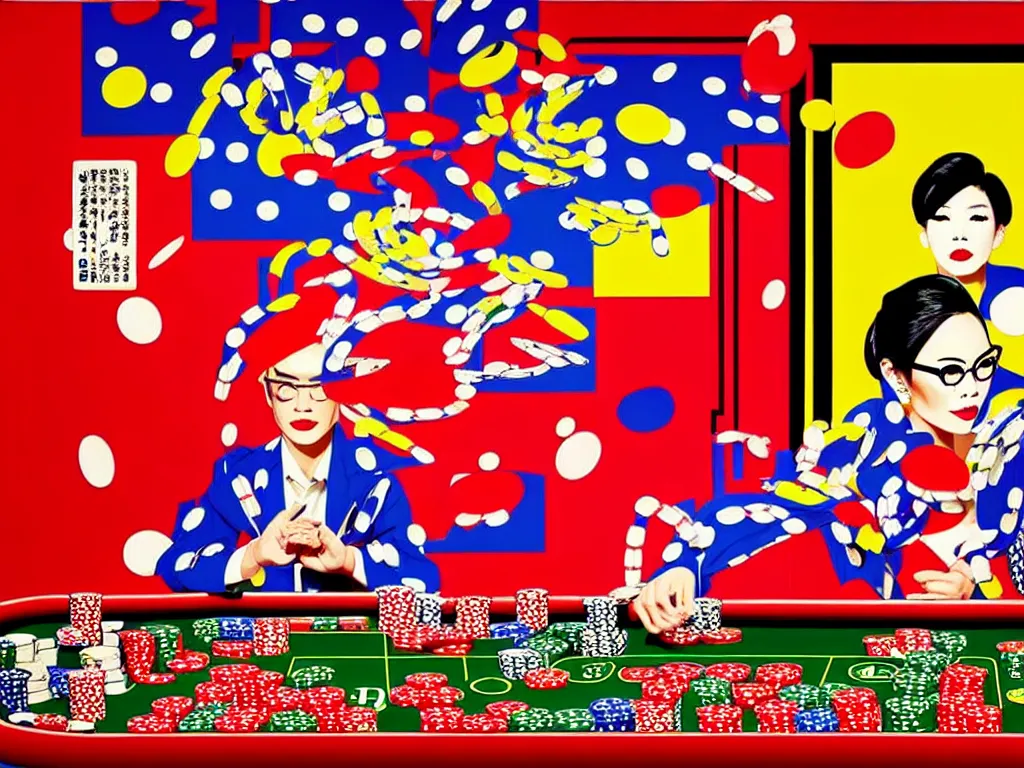 Image similar to hyper - realistic composition of a room in a casino with an extremely detailed poker table, croupier in traditional japanese kimono standing nearby fireworks in the background, pop art style, jackie tsai style, andy warhol style, acrylic on canvas