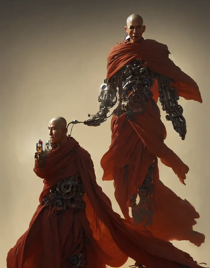 Image similar to a cyborg warrior monk wearing a flowing cloak, cyborg hardware, 3 d render, octane, zbrush, painting, artstation, concept art, smooth, sharp focus, illustration, art by artgerm and greg rutkowski and alphonse mucha