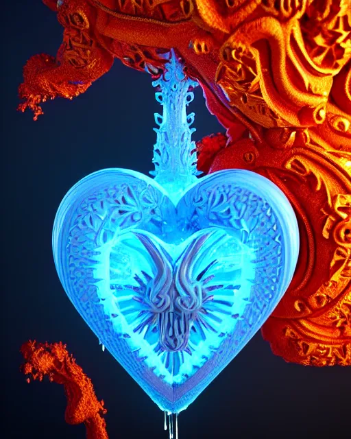 Image similar to 3 d render of beautiful ornate carved water heart, sigma 5 0 0 mm f / 5. beautiful intricate highly detailed heart, plasma, lava, ice, water, wind, creature, thunderstorm! artwork by tooth wu and wlop and beeple and greg rutkowski, 8 k trending on artstation