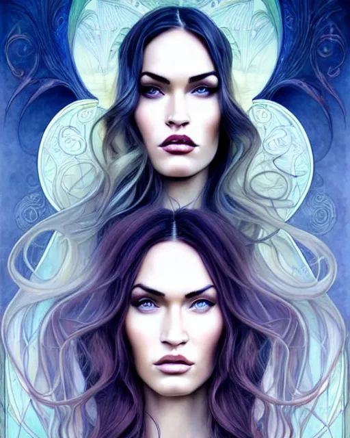 Prompt: new art nouveau portrait of megan fox in the style of anna dittmann and charlie bowater and loish. long windblown hair, very large, clear, expressive, and intelligent eyes. symmetrical, centered, ultrasharp focus, dramatic lighting, photorealistic digital matte painting, intricate ultra detailed background.