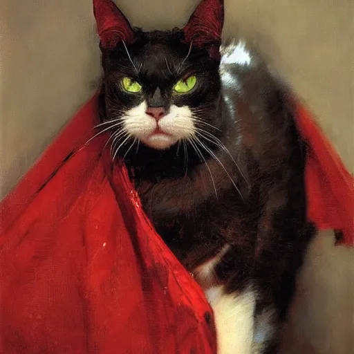 Image similar to portrait of an evil cat wearing a red cape, by jeremy mann, anders zorn.