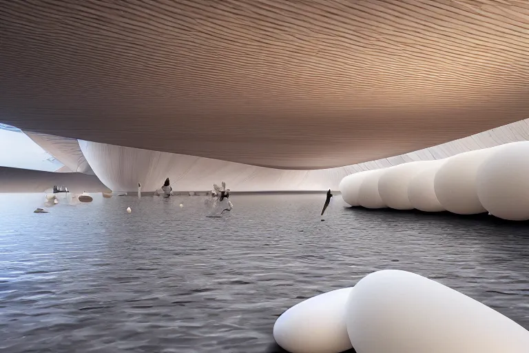 Image similar to many white egg shaped spherical spaces ， intersect and bite to form a modern science fiction building ， by pierre bernard, on the calm lake, people's perspective, future, interior wood, marble, award winning, highly detailed 4 k art, dusk, unreal engine highly rendered, global illumination, radial light, internal environment