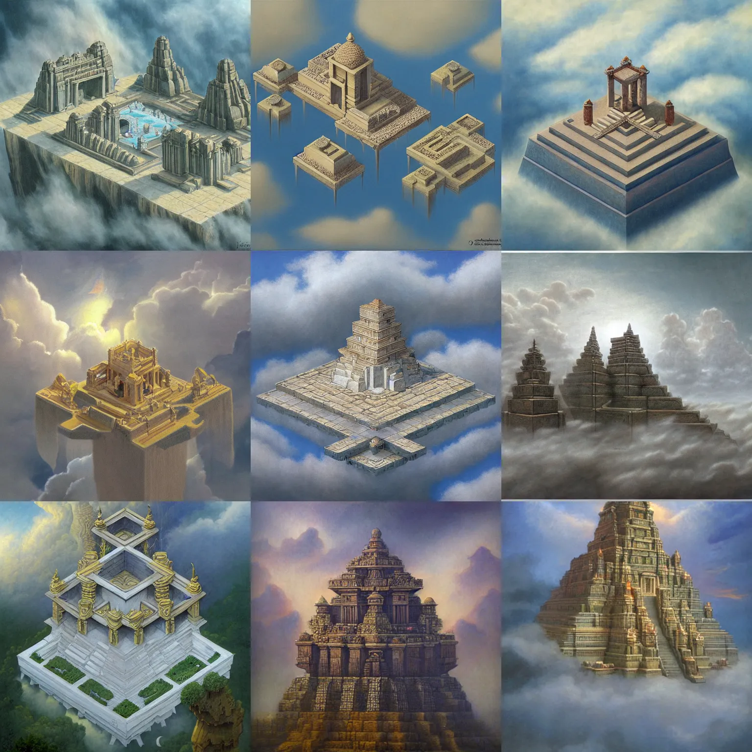 Prompt: an isometric temple in the clouds, by james gurney