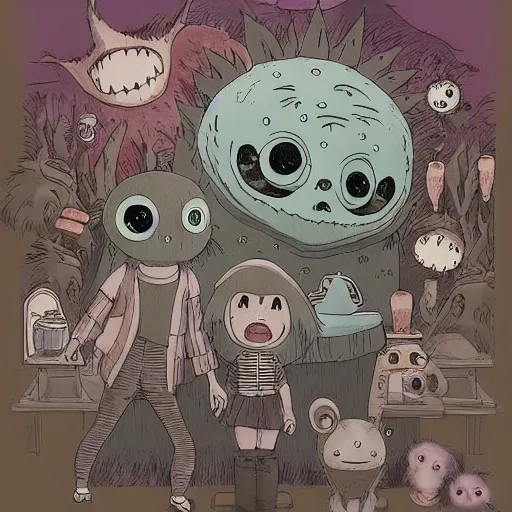 Image similar to cute monster lurking behind a happy family by studio ghibli, color, highly detailed, detailed, intricate, scary, horror, eerie, nightmares, dark, dramatic, 8 k