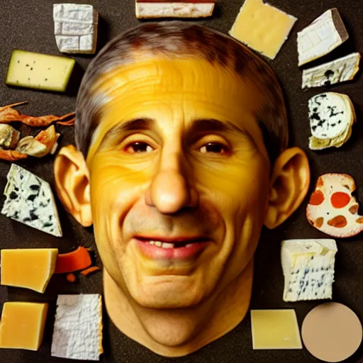 Image similar to uhd photorealistic anthony fauci made of various cheeses.