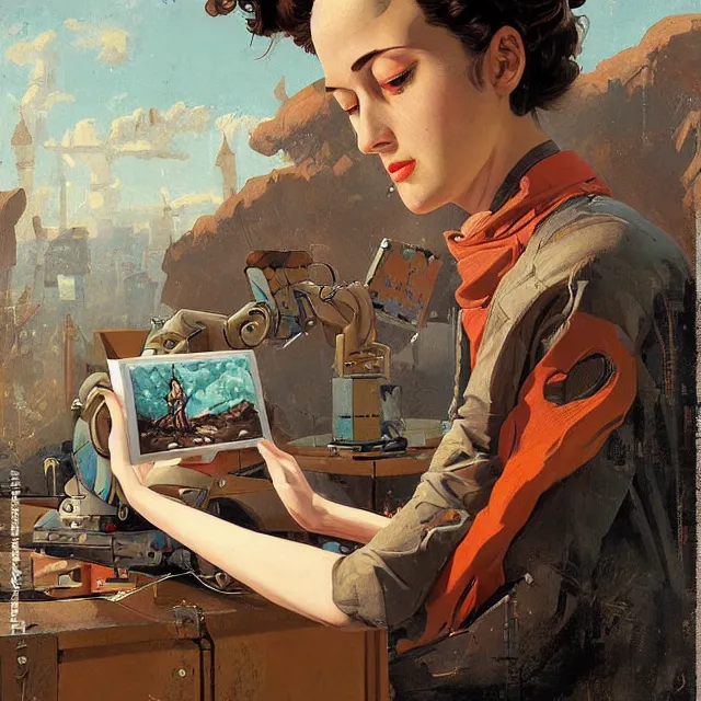 Prompt: robot artist painting a self - portrait on a canvas. intricate, highly detailed, digital matte painting, in the style of alexandros pyromallis, and in the style of sachin teng, and in the style of hans thoma, and in the style of gil elvgren. irony, recursion, inspiration, dieselpunk.