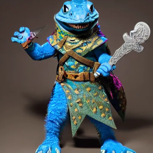 Image similar to a blue lizard warrior who is wearing a silly fluffy colorful hat, highly detailed, fantasy, dnd, wearing armor, holding a sword