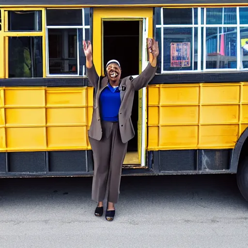 Prompt: African-American school bus driver smiling and waving at children as they exit a yellow school.